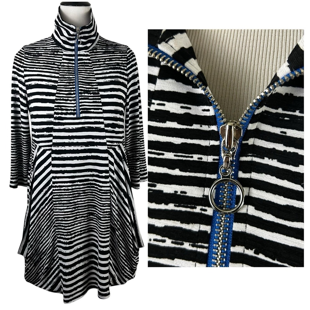 IC BY CONNIE K Striped Knit DRESS M Lagenlook Slouchy Artsy Funky Tunic Zebra